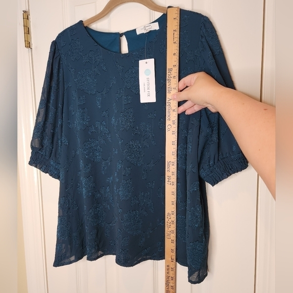 Beacon Apparel Jacquered A-Line Short Puff Sleeve Top Size L Teal Blue/G… - Picture 11 of 11